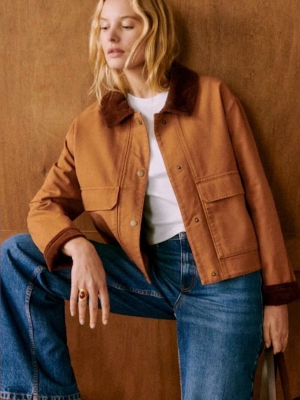 Sézane Marion Chore Barn Jacket Tan Brown Corduroy Collar NWOT FR 40 US 8